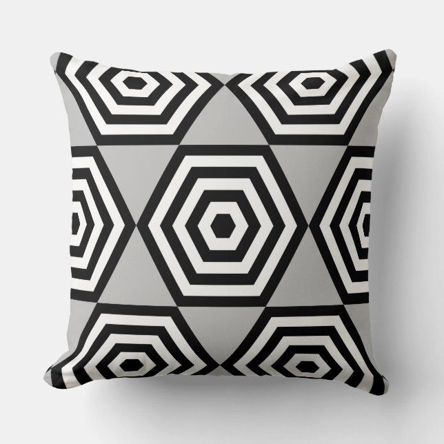 Abstrakte geometrische Form in Schwarz, Grau und W Kissen (Vorderseite)