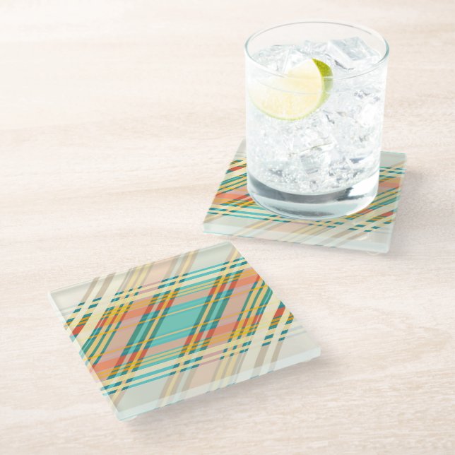 Abstrakte geometrische Tartan-Muster-Cremegetränke Glasuntersetzer (Schrägansicht)