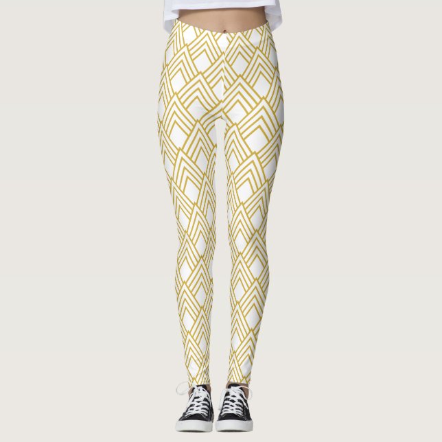 Abstrakte geometrische, weiße und goldene Leggings (Vorderseite)