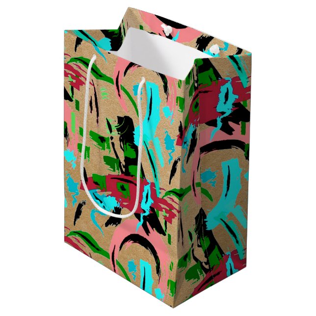 Abstrakte Geschenktüte in Rosa und Aqua (Vorderseite Schrägansicht)