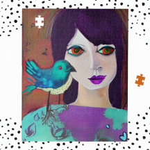 Abstrakte Girl and Bird Lila und Aquamarin