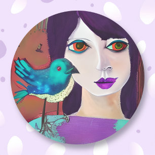 Abstrakte Girl and Bird Lila und Aquamarin Runder Aufkleber