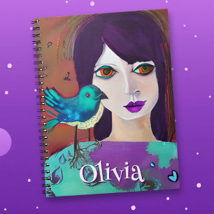 Abstrakte Girl & Bird Lila und Aquamarin Personali Notizblock