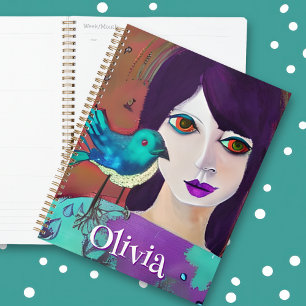 Abstrakte Girl & Bird Lila und Aquamarin Personali Planer