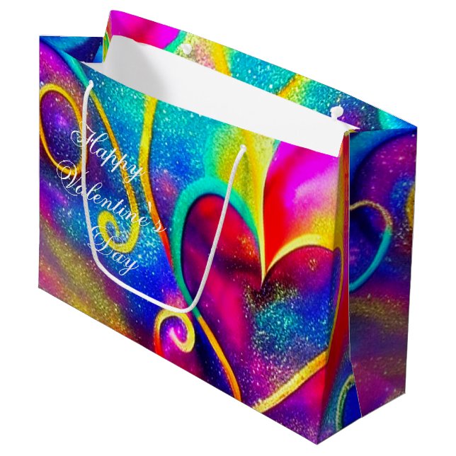 Abstrakte glitzernde Herzen Valentine Große Geschenktüte (Vorderseite Schrägansicht)