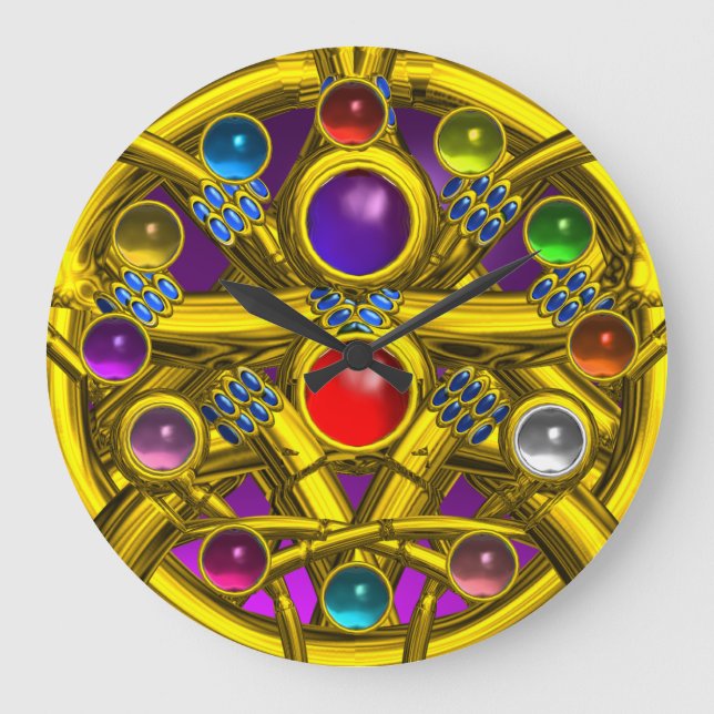 ABSTRAKTE GOLD-ZELLTIKKNOTEN MIT FARBEN GEMSTONS GROßE WANDUHR (Vorderseite)