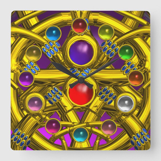 ABSTRAKTE GOLD-ZELLTIKKNOTEN MIT FARBEN GEMSTONS QUADRATISCHE WANDUHR (Vorderseite)