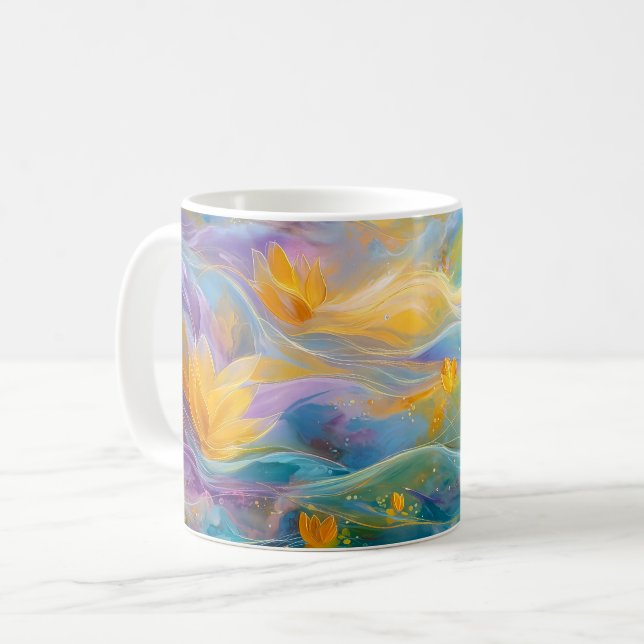 Abstrakte goldene Lotus-Schwebeblumen  Kaffeetasse (Vorderseite Links)