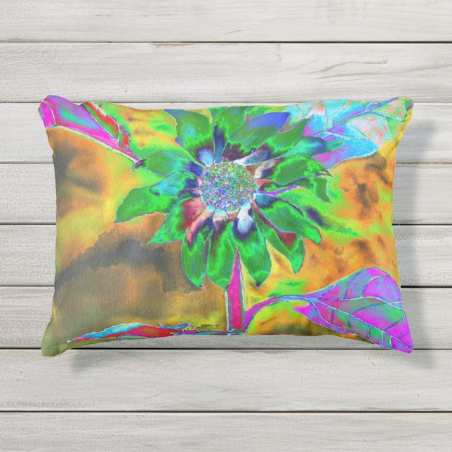 Abstrakte goldgrüne Sonnenblume | Retrofunky Kissen Für Draußen (Vorderseite)