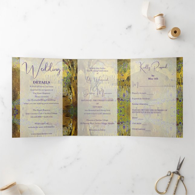 Abstrakte Goldleaf-Hochzeit Dreifach Gefaltete Einladung (Innenseite)