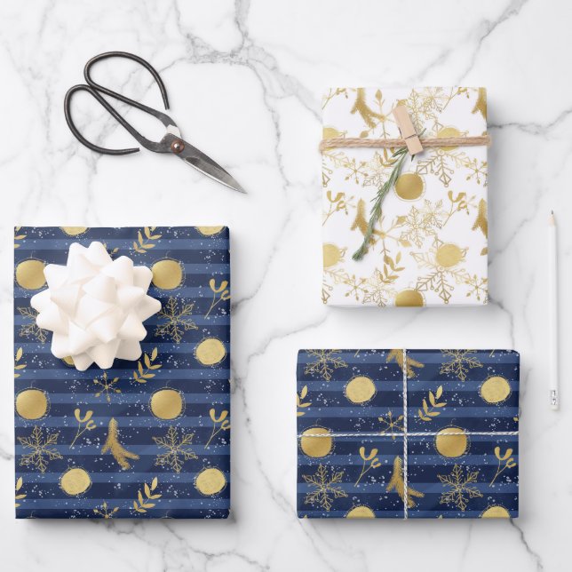 Abstrakte Goldschneeflockenbrille Blaue Geschenkpapier Set (Vorderseite)