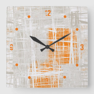 abstrakte, grau-orange quadratische wanduhr