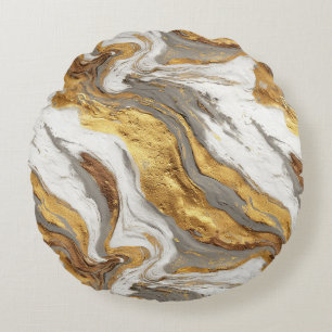 Abstrakte graue Marmortextur mit fließendem Gold Rundes Kissen