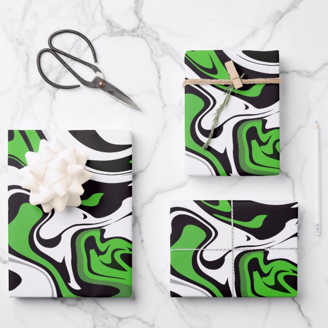 Abstrakte Grün-, Schwarz- und Weiß-Kunst Geschenkpapier Set (Vorderseite)