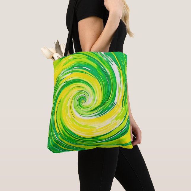 Abstrakte grüne gelbe Spiralkunst Tasche (Von Nahem)