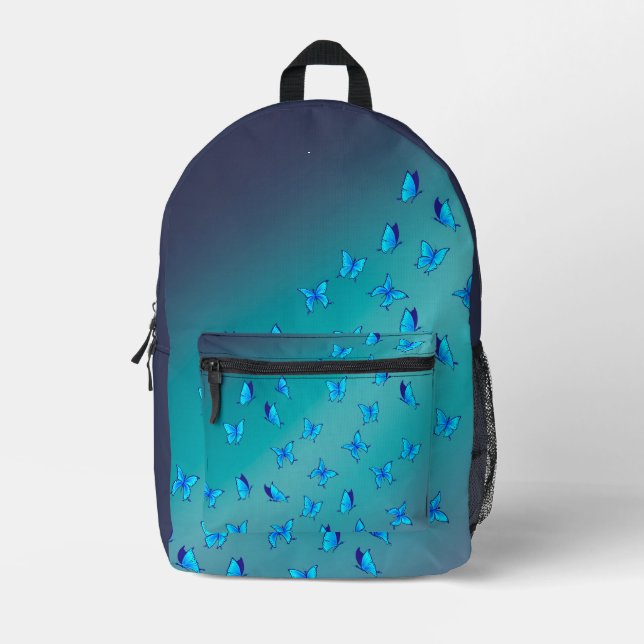 Abstrakte grüne Mondbalken und Schmetterlinge Bedruckter Rucksack (Vorderseite)