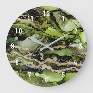 Abstrakte grüne Schwarze-Gold-Kunst Große Wanduhr