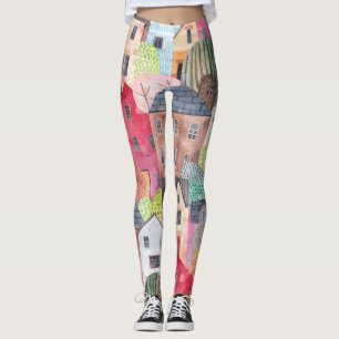 Abstrakte Häuser: Aquarell Nahtloser Hintergrund. Leggings