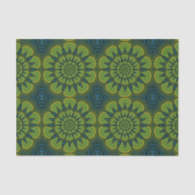 Abstrakte Hippie Green & Navy Blue Blumen Ethnisch Seidenpapier (Vorderseite)