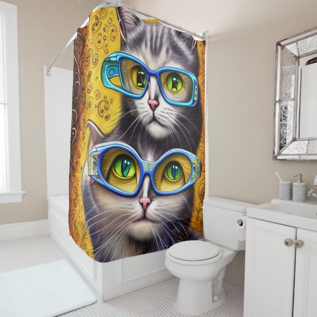 Abstrakte Hippie-Joined Cats mit Brille Duschvorhang (Beispiel)