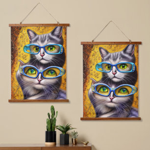 Abstrakte Hippie-Joined Cats mit Brille Wandteppich Mit Holzrahmen