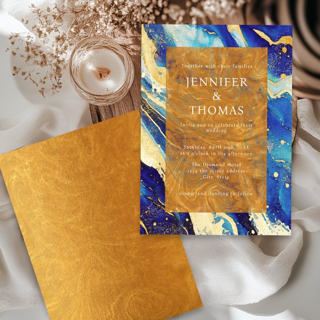 Abstrakte Hochzeit der Royal Navy in Blau und Gold Einladung (Von Creator hochgeladen)
