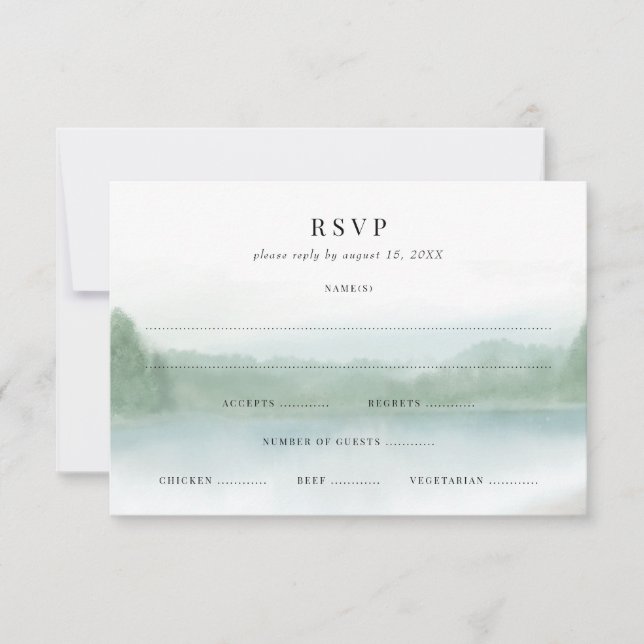 Abstrakte Hochzeit des Sees und der Bäume RSVP Karte (Vorderseite)