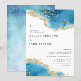 Abstrakte Hochzeitseinladung in Ocean Blue und Gol Einladung