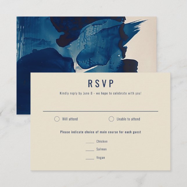 Abstrakte Hochzeitsszenierung mit Blaufarben RSVP Karte (Vorne/Hinten)