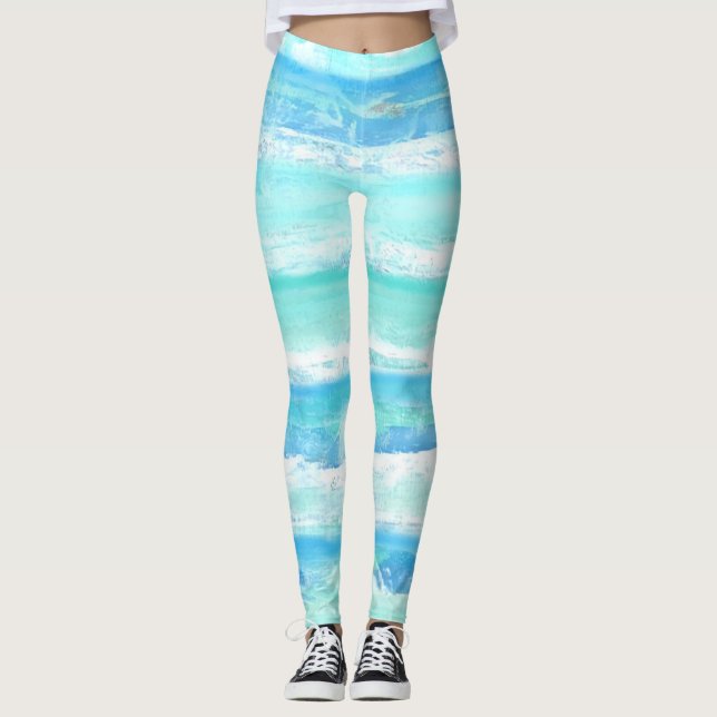 Abstrakte horizontale Streifen blau türkis weiß Leggings (Vorderseite)