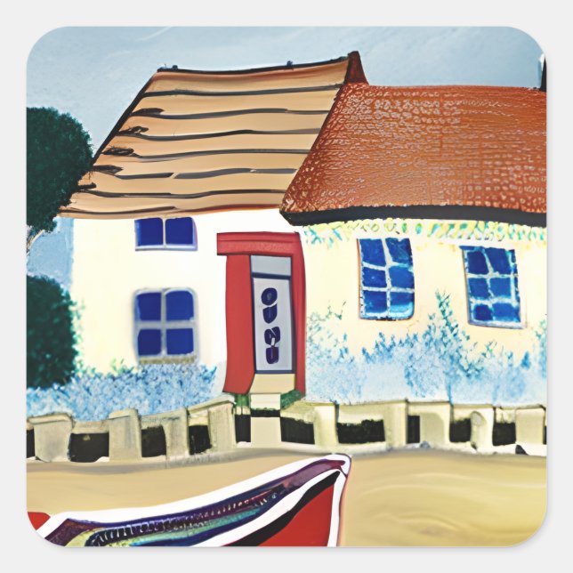 Abstrakte Illustration über Beach House und Boat Quadratischer Aufkleber (Vorderseite)