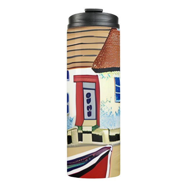 Abstrakte Illustration über Beach House und Boat Thermosbecher (Vorderseite)