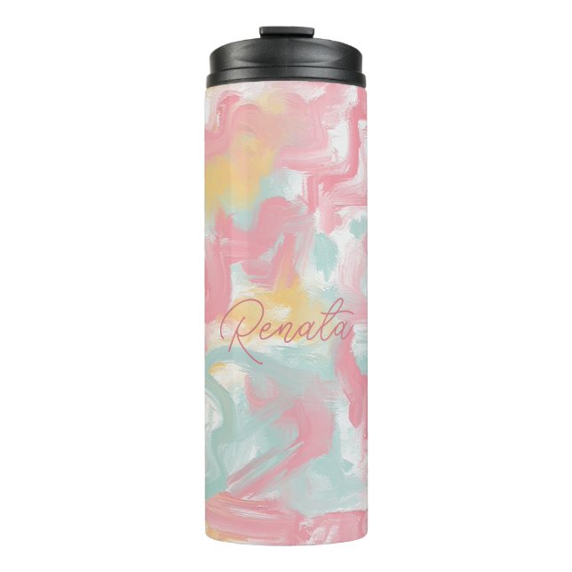 Abstrakte Impasto Paint Coral Yellow Turquoise Thermosbecher (Vorderseite)