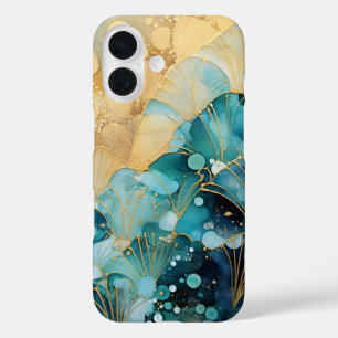 Abstrakte iPhone Case Türkiswellen mit Gold