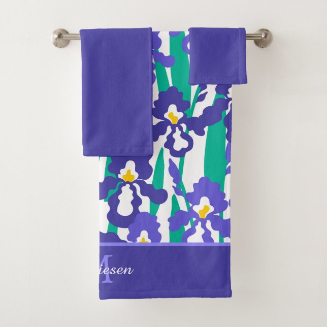 Abstrakte Iris Floral Monogramm Solid Blue Badhandtuch Set (Insitu)