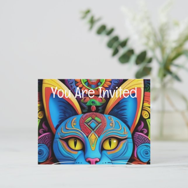 Abstrakte Katze mit gelben Augen Einladungspostkarte (Stehend Vorderseite)