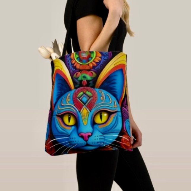 Abstrakte Katze mit gelben Augen Tasche (Tote Bag — 100% polyester, black laminated lining 100% cotton web hand. Made in the USA.
)