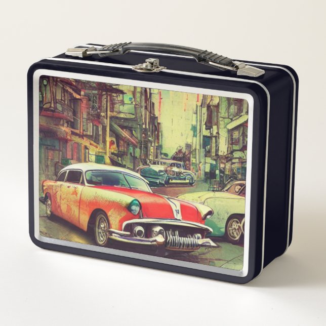 Abstrakte klassische Autos - 1950er-Jahre - Metal  Metall Brotdose (Vorderseite)