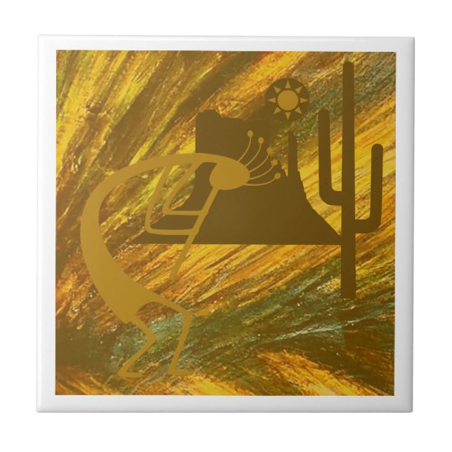 Abstrakte Kokopelli mit Mesa, Cactus & Sun Fliese (Vorderseite)