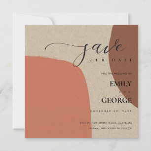 ABSTRAKTE KRAFT TERRACOTTA RED SAVE THE DATE CARD DANKESKARTE