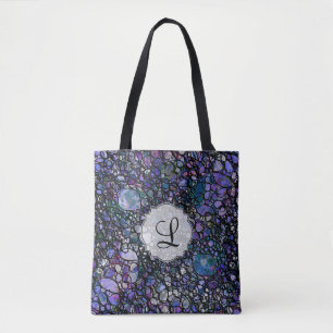 Abstrakte Kreise in Blau Lila Schwarz Monogramm Tasche