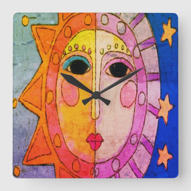 Abstrakte Kunst der Sonne und des Mondes Quadratische Wanduhr (Vorderseite)