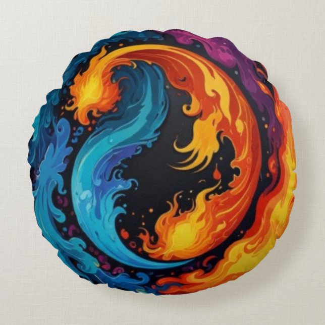 Abstrakte Kunst-Design für Feuer und Wasser Rundes Kissen (Vorderseite)