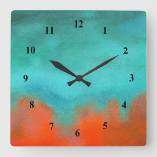 Abstrakte Kunst-Himmel-Feuer-Lava-korallenrote Quadratische Wanduhr