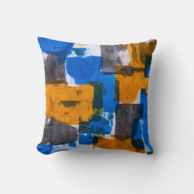 Abstrakte Kunst in Blau, Orange und Grau Kissen (Vorderseite)