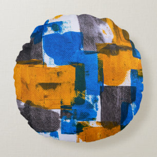 Abstrakte Kunst in Blau, Orange und Grau Rundes Kissen