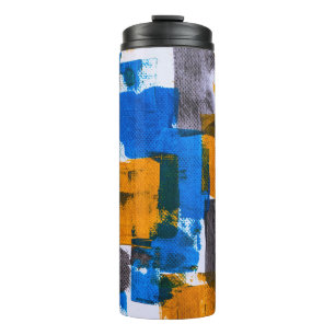 Abstrakte Kunst in Blau, Orange und Grau Thermosbecher