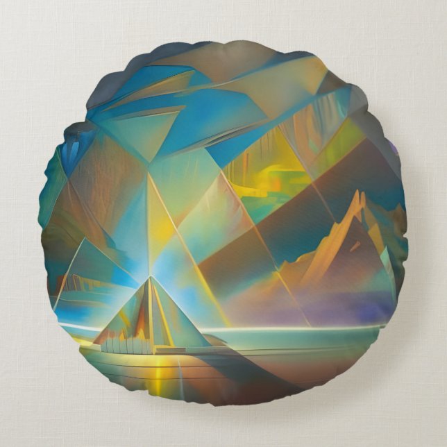 abstrakte Kunst in Gold und Blau Rundes Kissen (Vorderseite)