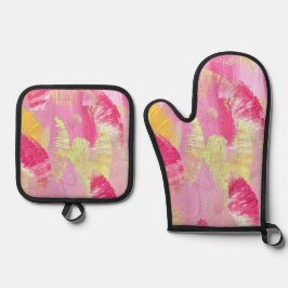 Abstrakte Kunst in Rosa und Gelb Ofenhandschuh & Topflappen-Set