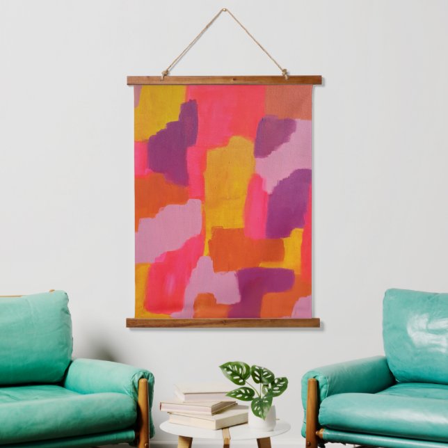 Abstrakte Kunst in Rosa und Gelb Wandteppich Mit Holzrahmen (Wohnzimmer)